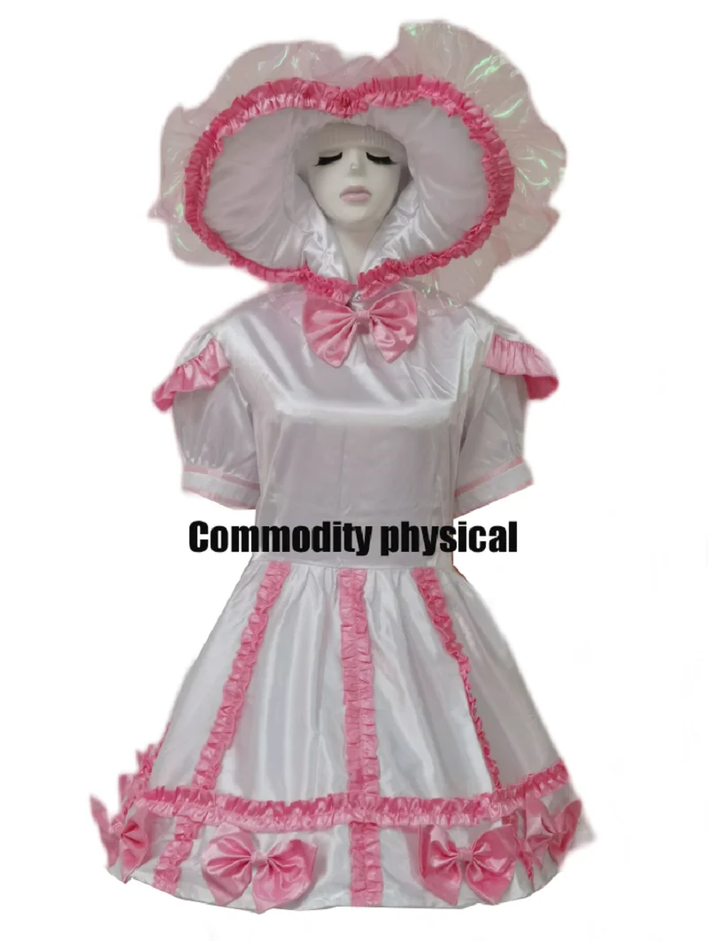 Vestido de sirvienta de satén de encaje rosa y blanco, uniforme de privacidad Bloqueable, juego de rol personalizable