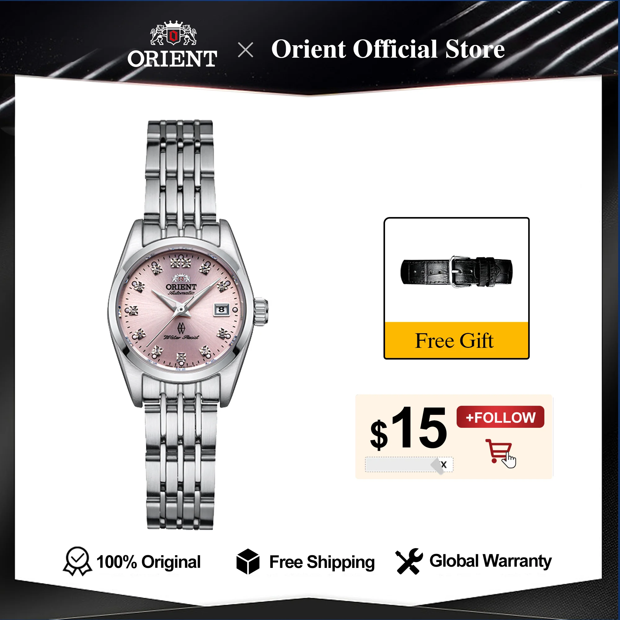 Original Orient Mechanical Woman Watch, Japanese Business Wrist Watch Crystal-Encrusted See-through Case Back Sapphire Crystal