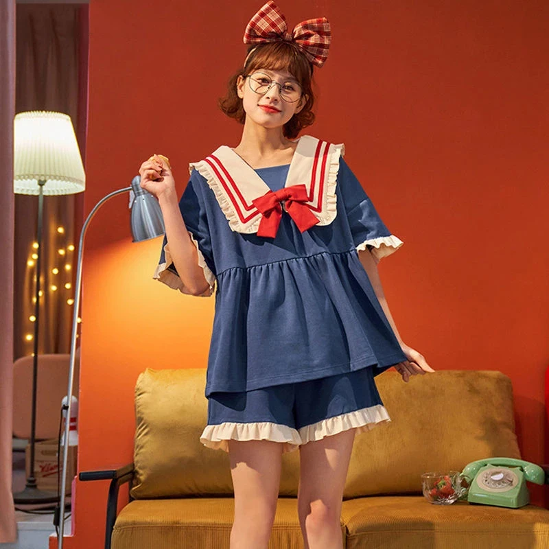 

Женские пижамные комплекты с бантом и принтом в стиле пэчворк, милые летние шорты с коротким рукавом и мультяшным принтом, одежда для сна с м...