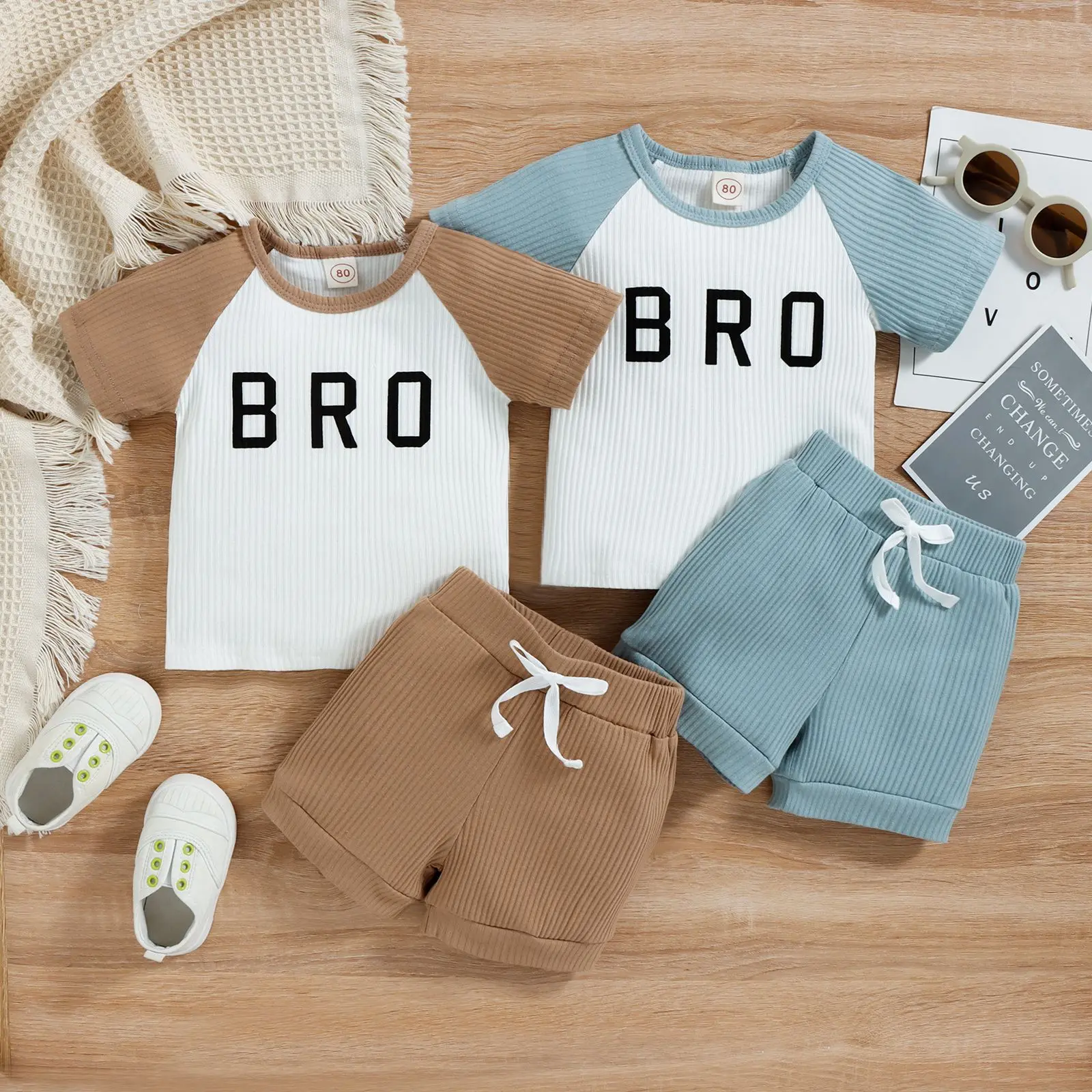 

Children's Clothing Casual Boy Letter Pit Strip Color Matching Short-sleeved Shorts Two-piece Children's Suit Boy Clothes