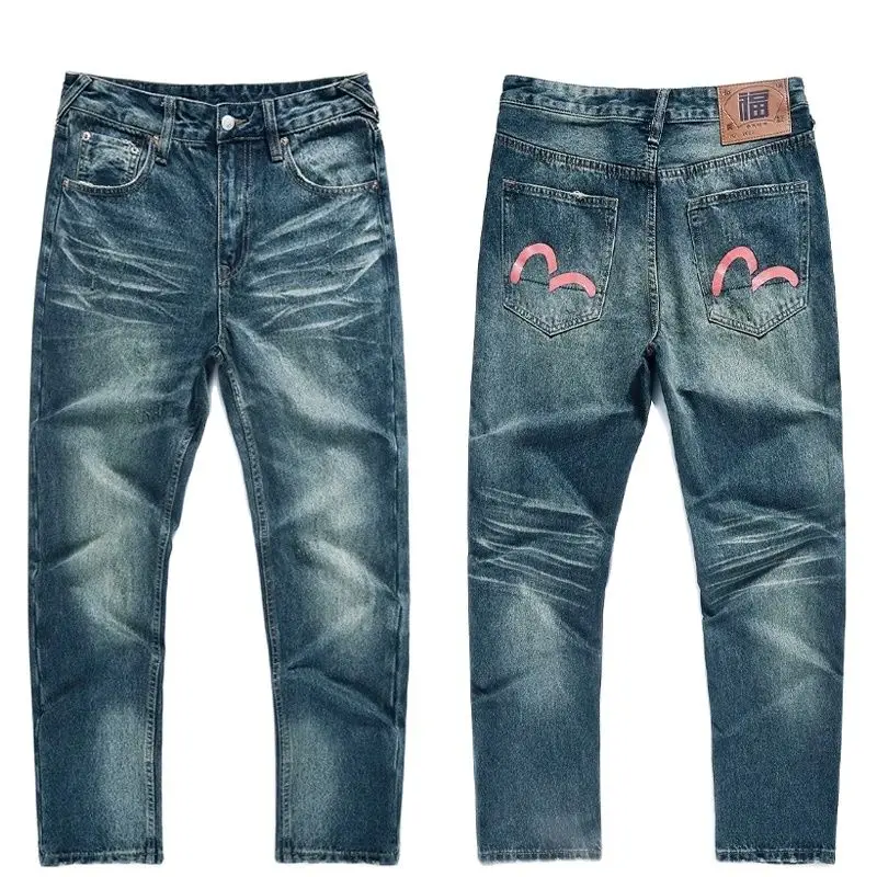 Джинсы мужские с вышивкой ручной работы прямые штаны из чистого хлопка в стиле
