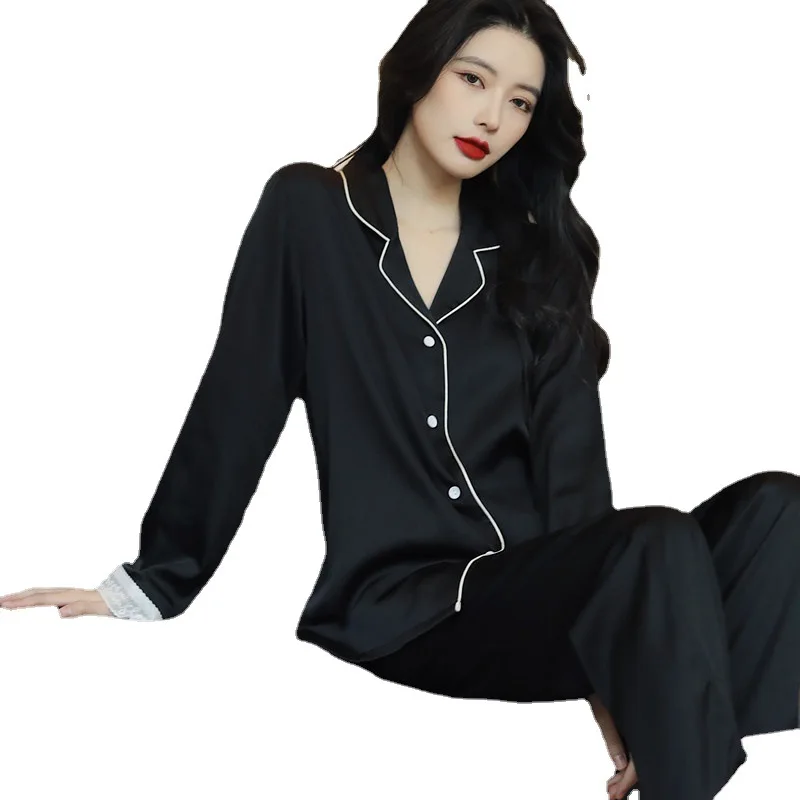 Spring, summer and autumn sexy noble lace long-sleeved silk pajamas women's cardigan thin ice silk outer wear fashion home cloth