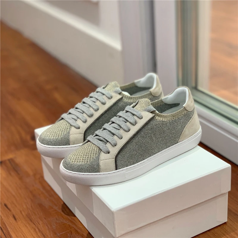 Spring and Autumn New Deerskin Knitted Mesh Breathable Casual Sneakers Lace up Walking Flat Shoes Women's Shoes luxury loafers