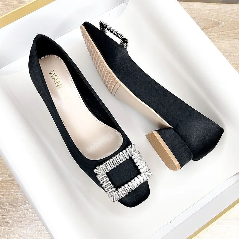 Black Rhinestone Flat Shoes Women Work Shoes Square Toe Square Buckle 3 Cm High Heels Women Designer Pumps Women Spring 2023 New