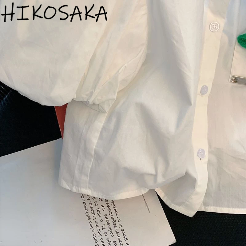 Простые рубашки Ehite блузка с отложным воротником и пышными рукавами Корейская