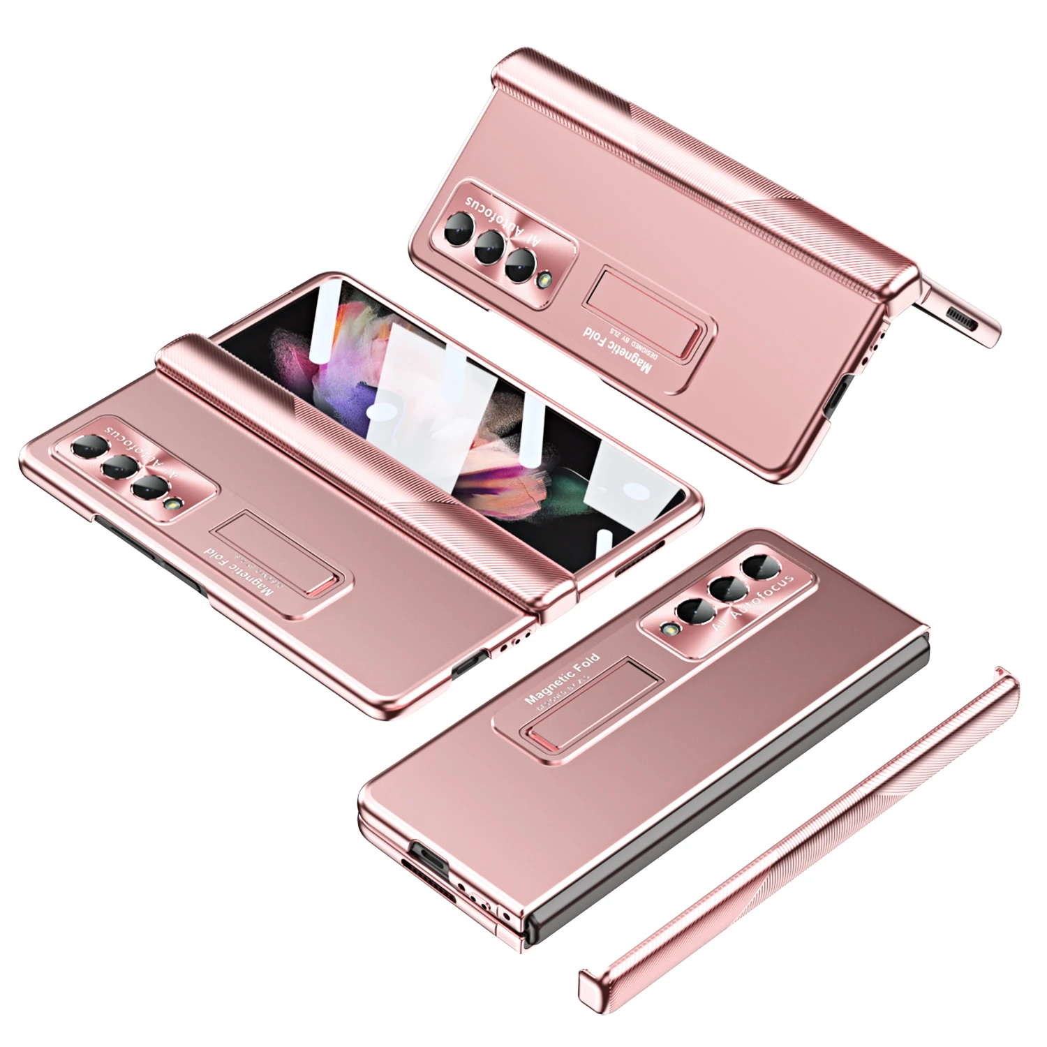 

360 Full Protective Plating Case For Samsung Galaxy Z Fold 4 Kickstand Clear Cover With Hinge Build in Pen Slot and Screen Glass