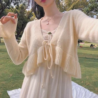 sweet sweater women 2021 elegant long sleeve tied crop knitted cardigan vintage wrap apricot female chic short tops outerwear
