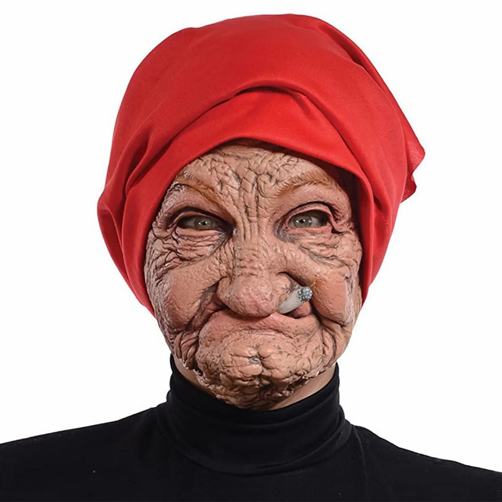 

Smoke Grandma Realistic Old Women Mask Halloween Horrible Full Face Mask Scary Full Head Creepy Wrinkle Face Cosplay Props Caps
