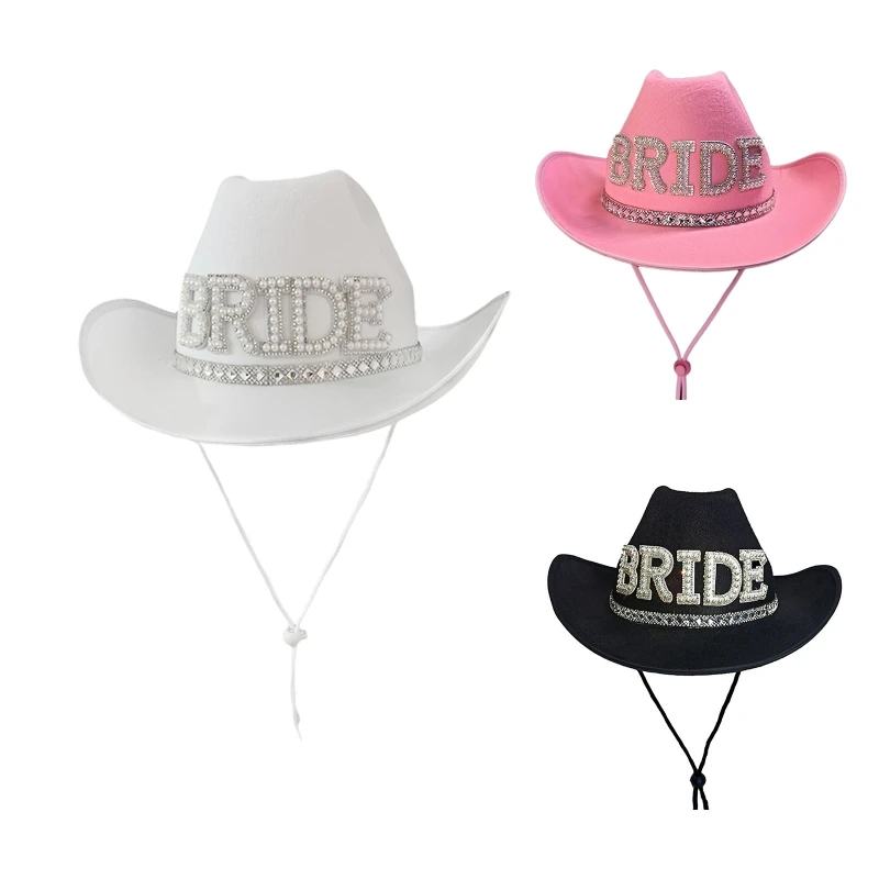 

Bride Letter Diamond Fringe Bride Cowgirl Hat Mrs. Cowboy Bridesmaid Gift Bridal Summer Country Western Hat white/pink/black