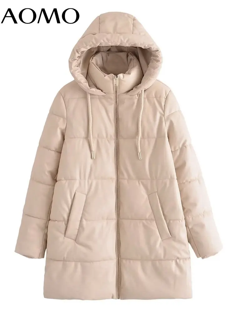 AOMO Women Thick Faux Leather Warm Long Hood Parkas Zipper Thick 2022 Winter Elegant Coat QN146A