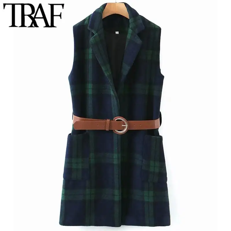 Куртка женская осенняя клетчатая без рукавов с открытым стежком и накладными