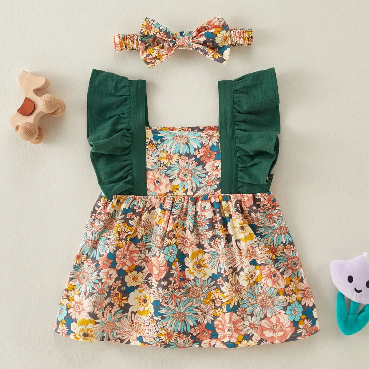 

H ibobi Baby Girl Sweet Ruffle Floral Print Dress Headband Two-piece