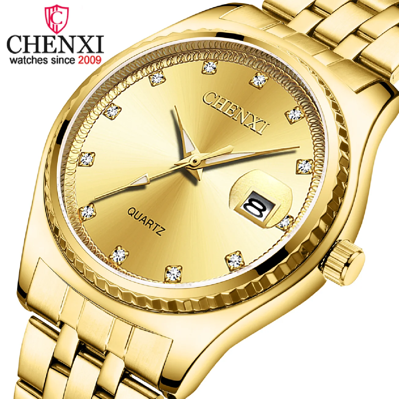 

Часы наручные CHENXI Мужские кварцевые, роскошные брендовые модные золотистые водонепроницаемые деловые светящиеся с календарем