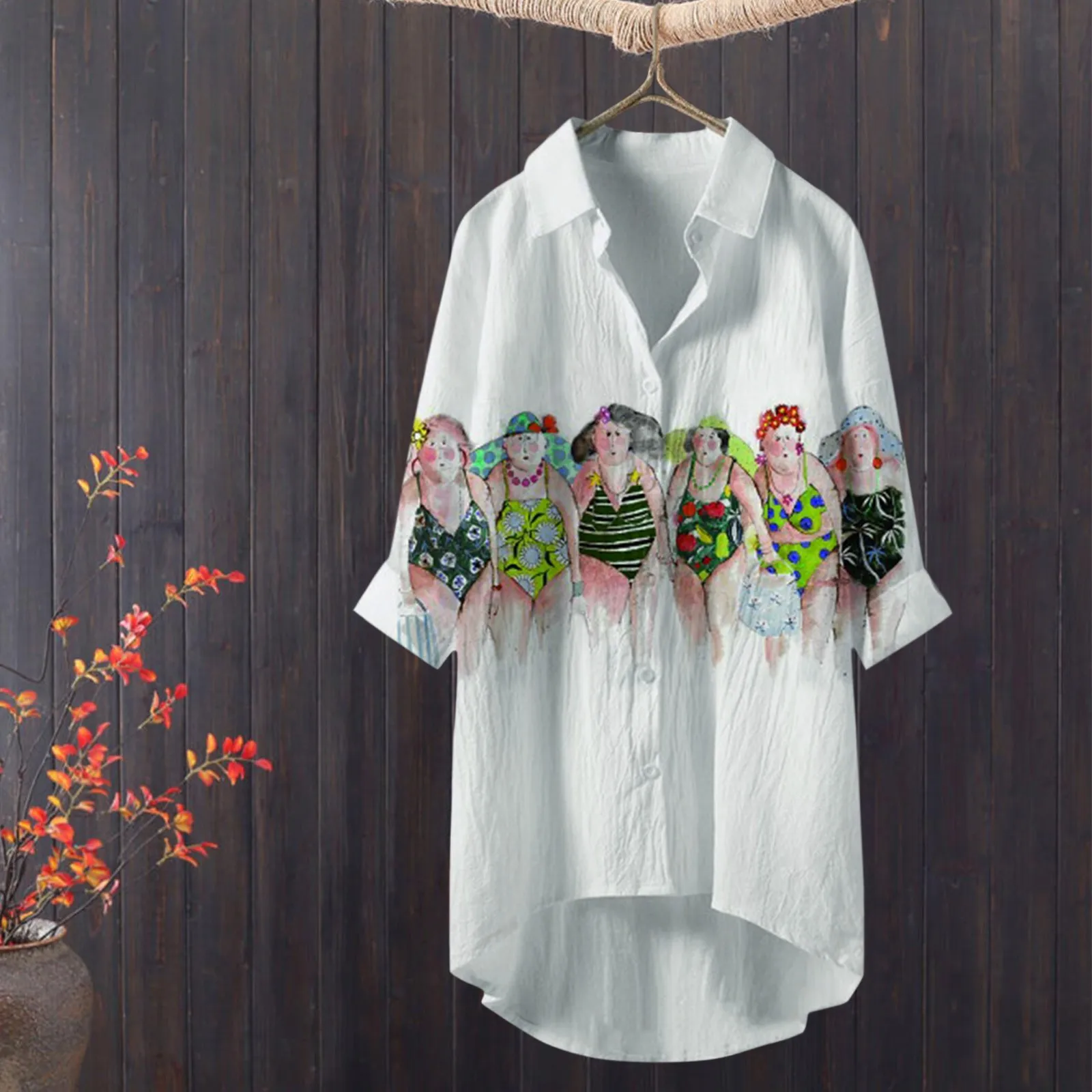 

Womens Lapel Three Quarter Sleeves Shirts T Shirts Tops Blouse With Pockets Spring Summer Casual Button Lapel Blouses Shirts