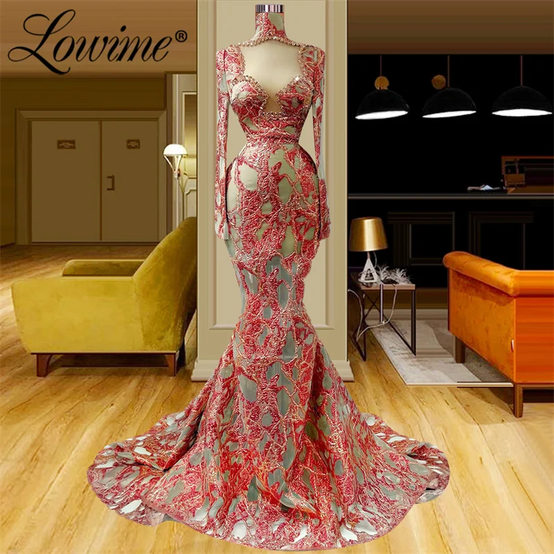 

Lowime Floral Pattern Elegant Evening Dresses Crystals Long Sleeves Party Dress Mermaid Arabic African Prom Gowns Robe De Soirée