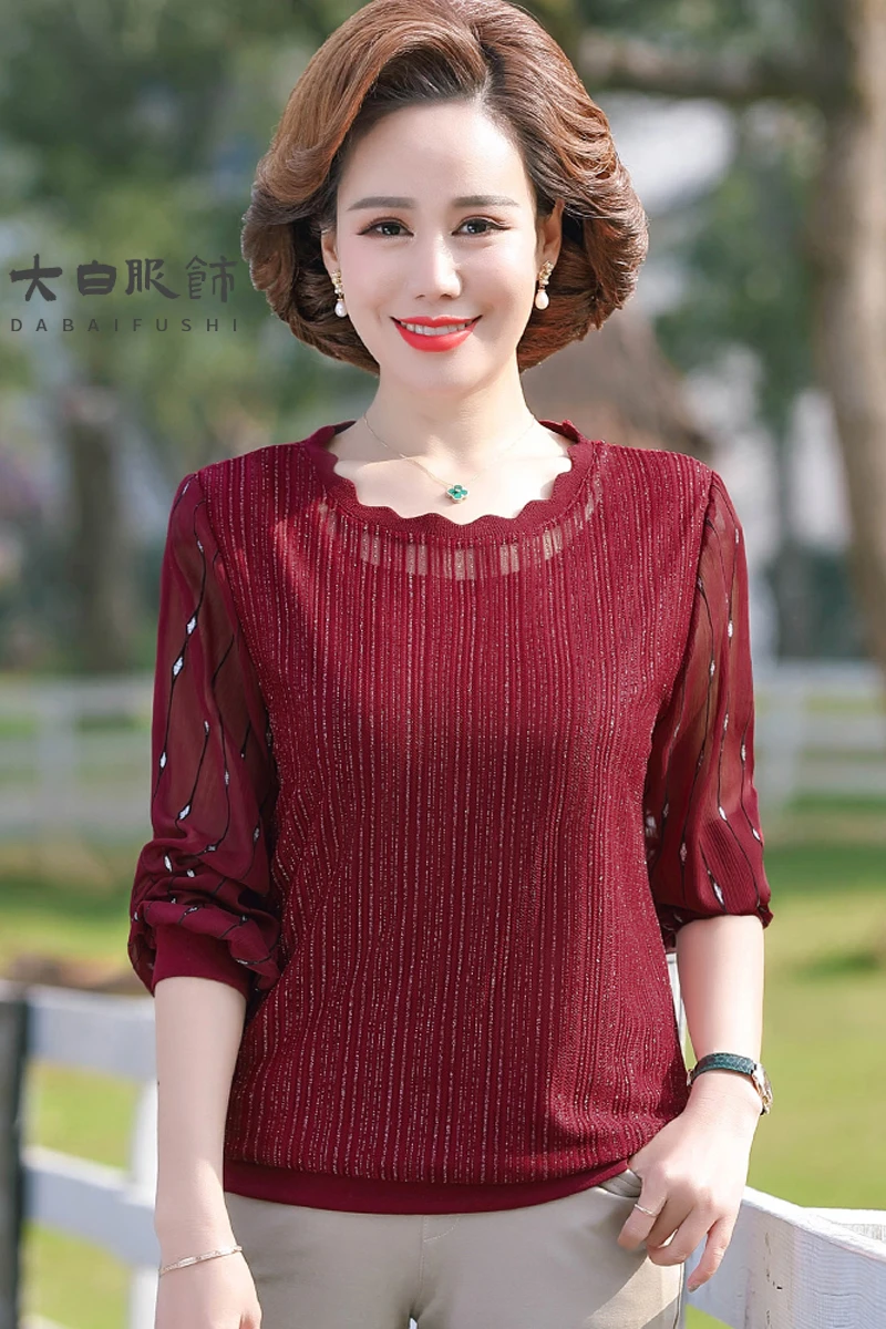 

2023 Spring New Elegant Middle-Aged Mother Clothing Fashion Lace Sleeve Pullover T-Shirt 40-50 Years Old Female Top X180