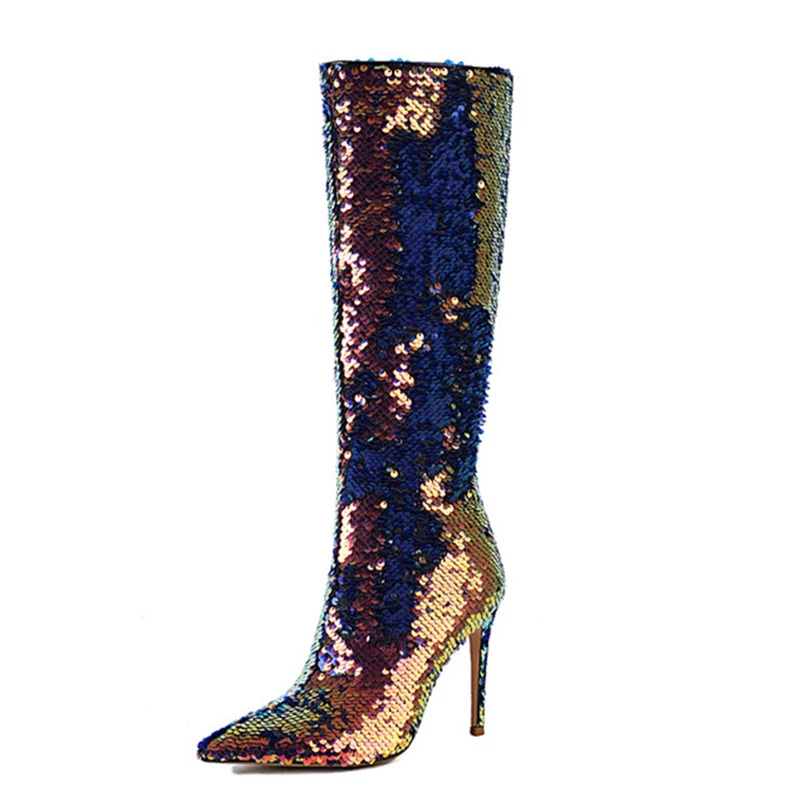Fashion Glitter Shiny Upper Women's Knee High Boots High Thin Heels Shoes Side Zipper Pointed toe Party Long Booties for Ladies