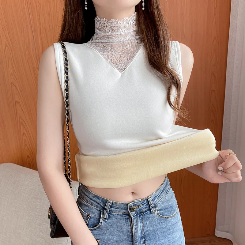 Winter Thermal Underwear for Women Fleece Lined Tops Cami Tank Vest Lace Camisoles Thermal Shirt Inner Wear Thermo Undershirt