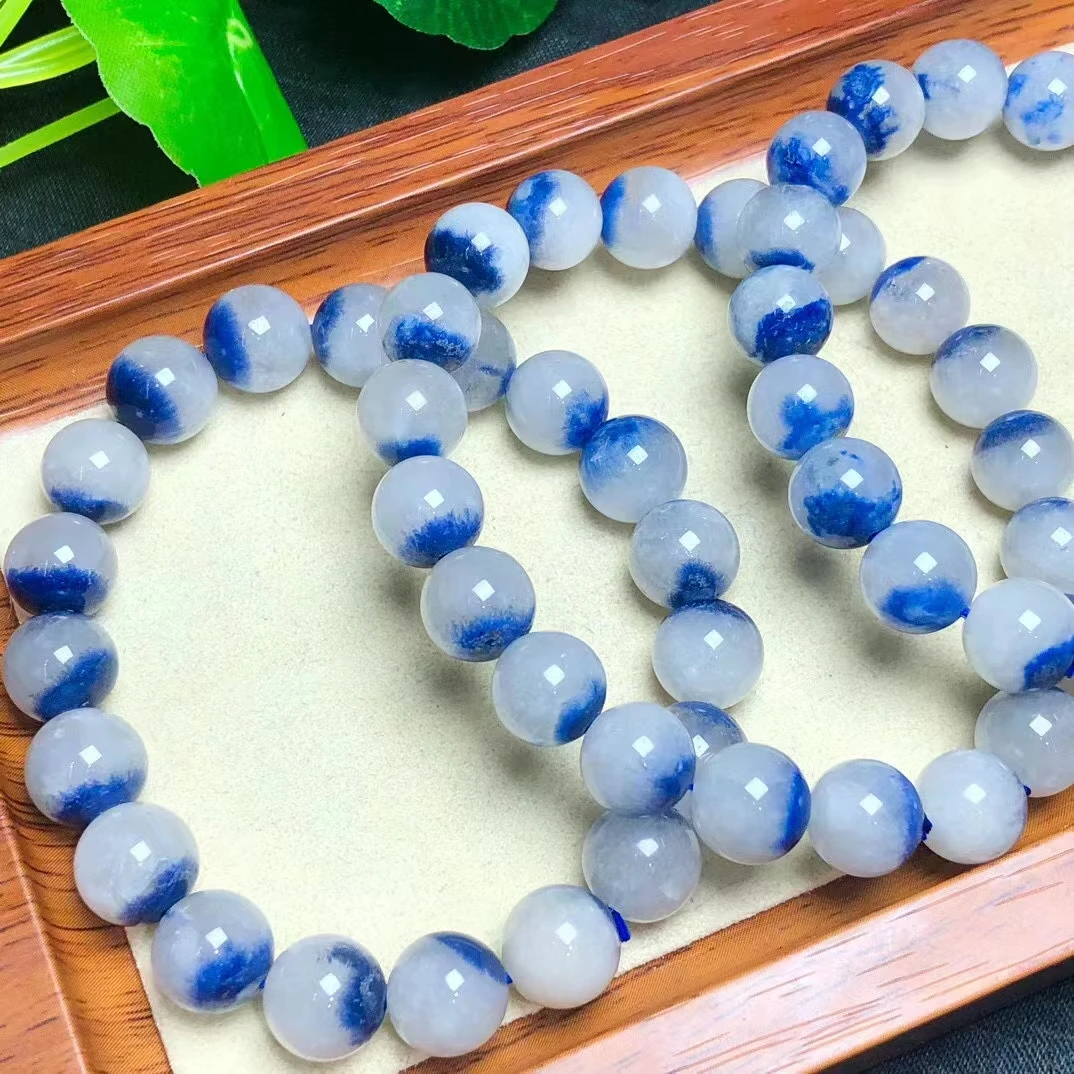 

9mm natural semi precious blue rutilated crystal bead bracelet