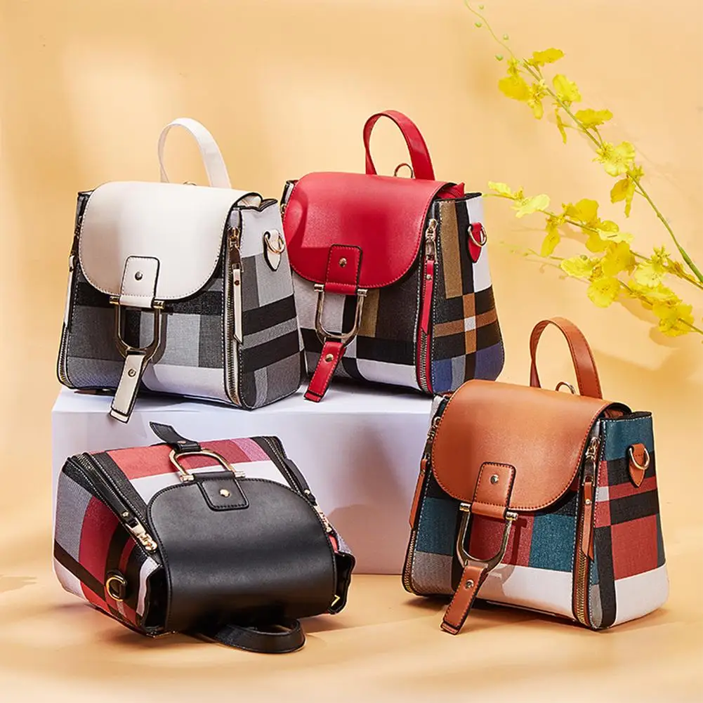 

Teenagers Casual Backpack High-quality Portable Personality Comfortable Grids Hit Color Leather School Shoulder Crossbody Bag