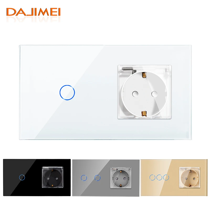 

DAJIMEI Touch Switch 1/2/3Gang with EU Standard WaterProof Wall Sockets 16A Crystal Glass Panel Switches White Black Grey Gold