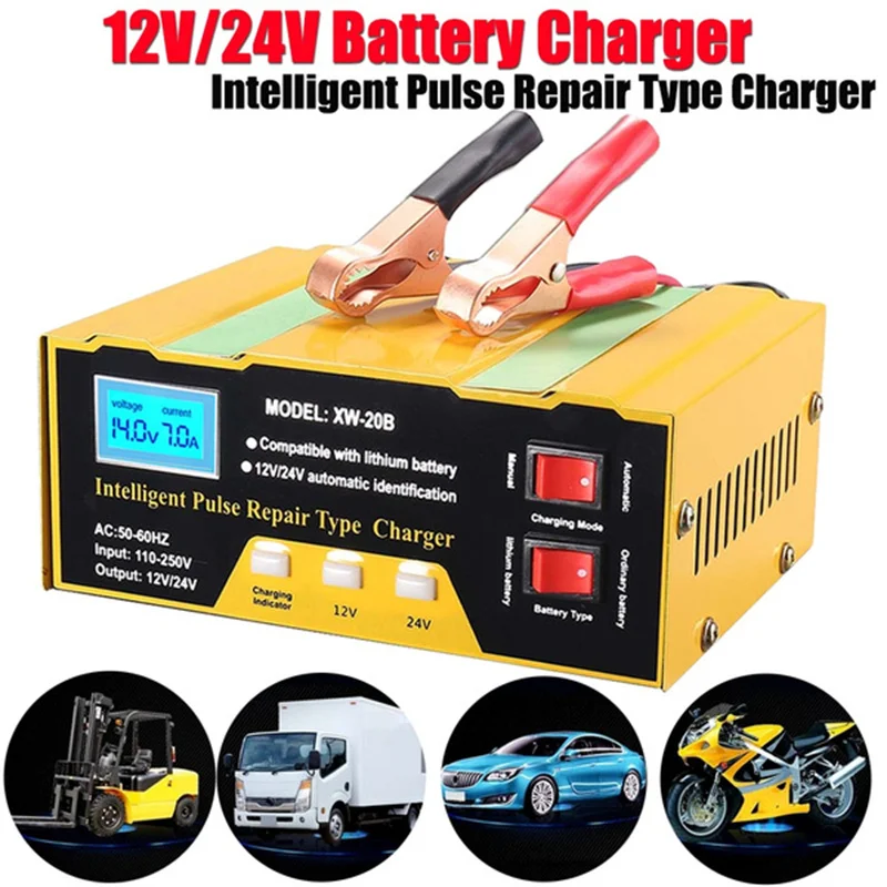 12V/24V Battery Charger Intelligent Pulse Repair Type Charger with Digital Display for Car Auto Cell Motorcycle Battery