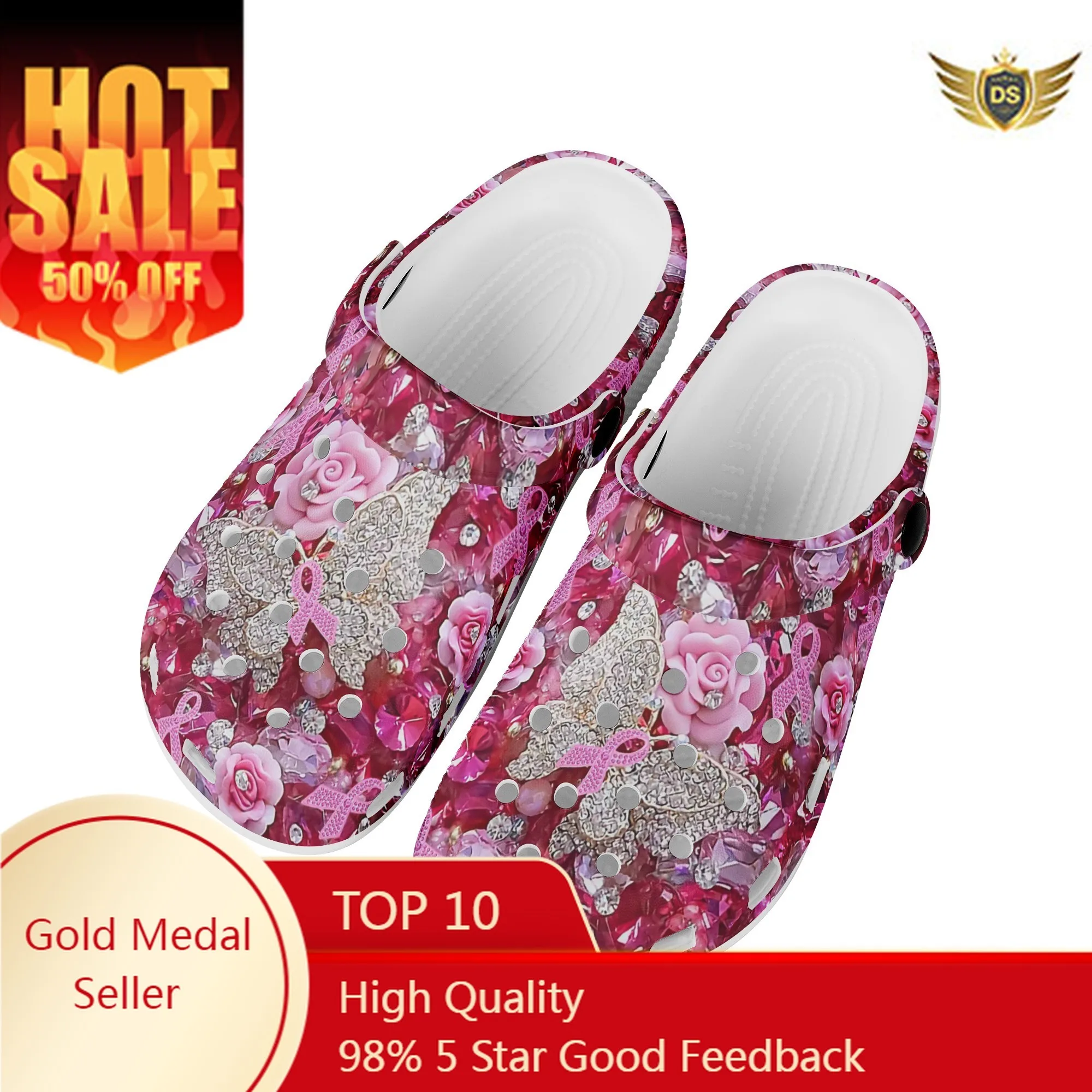 

Breast Cancer Awareness Butterfly Print Female Sandals Summer Unisex Lightweight Non-Slip Outdoor Flats Soft Sole Slippers Gift