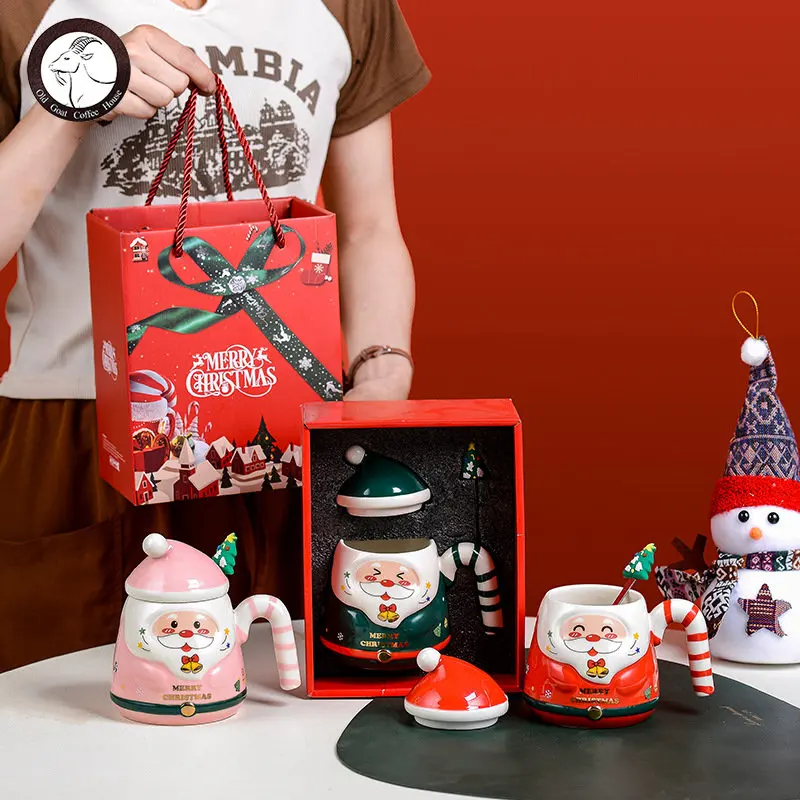 

Creative Cartoon Santa Claus Ceramic Mug Cute Hand Color Water Mug Gift Set