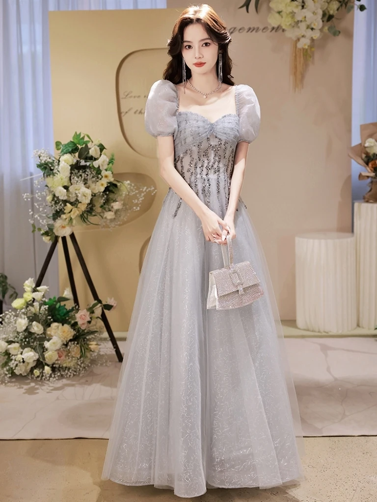 

Silvery Elegant Cocktail Dresses Puff Sleeve Square Collar Beading Applique Ankle Length Formal Party Evening Celebrity Gowns