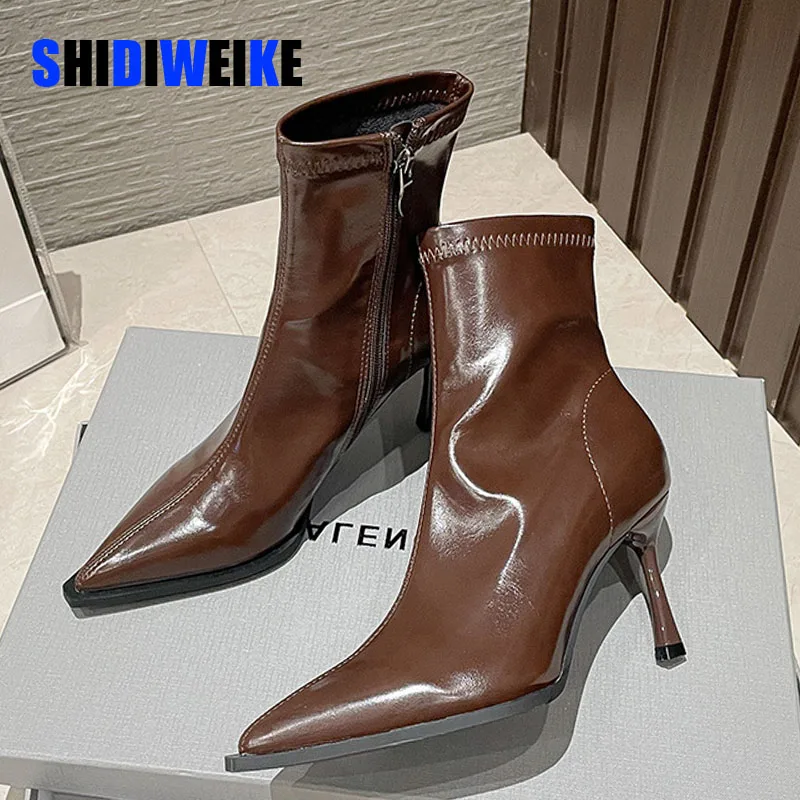 

SDWK8cm Black Women Ankle Boots Woman Thin High Heel Fashion Pointed Toe Zipper Winter Women's Shoes Leather White Short Booties