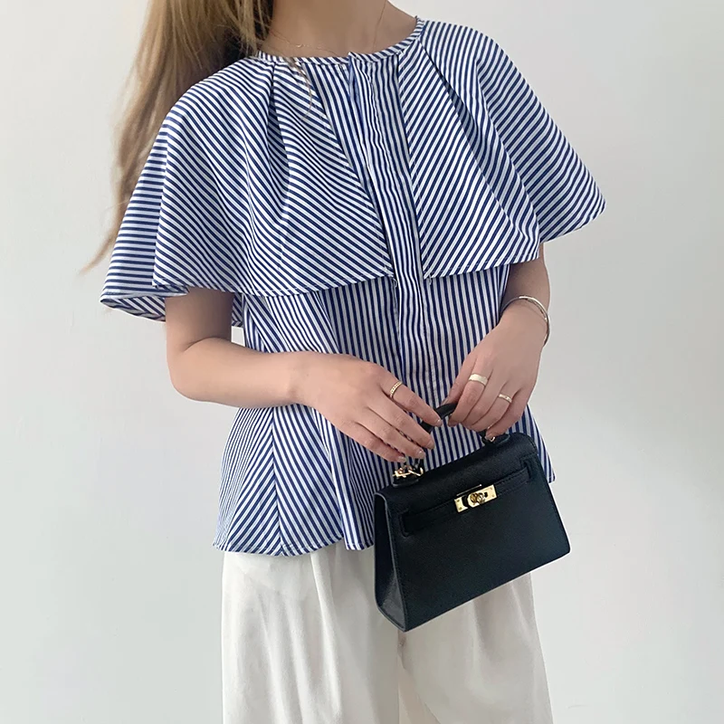 

Korean Summer Tops Cloak-style Round Neck Blouse Loose Shirt Ruffles Short Sleeve Single Breasted Elegant Shirts Blusas Feminino