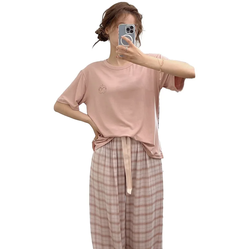 2023 Pajamas Women's Spring and Summer Japanese and Korean Style Two-piece Soft Home Suit with Round Neck Can Be Worn Outside