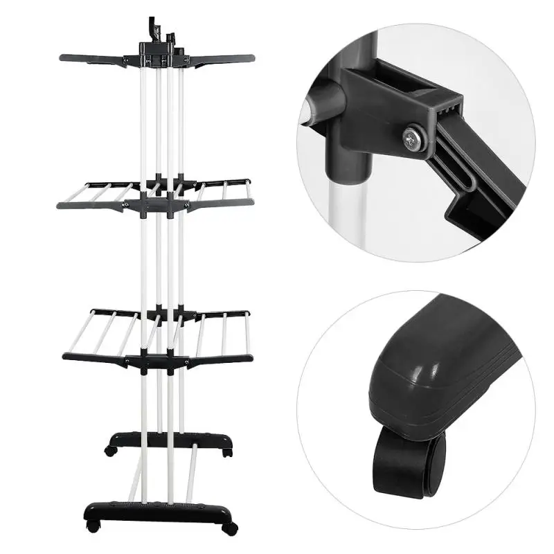 

3 Tiers Adjustable Telescopic Rolling Clothing Garment Clothes Airer Horse Stainless Laundry Rack Hanging Drying Folding Hanger