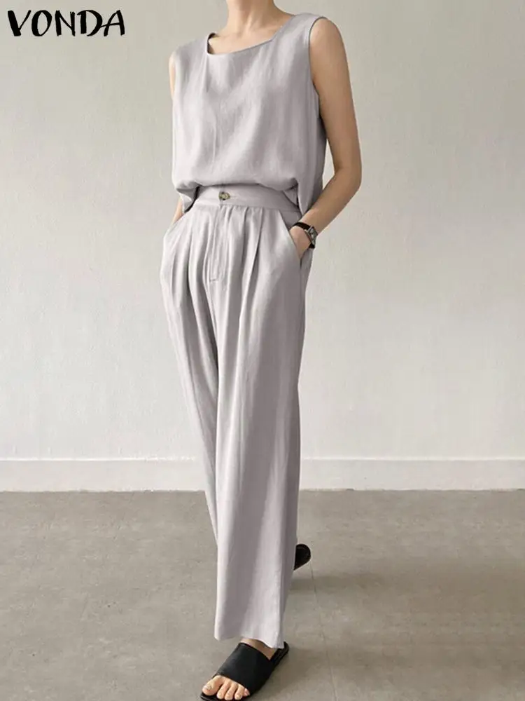 

2022 VONDA Летние Элегантные женские брючные комплекты винтажные с квадратным воротником Повседневная блузка топы и брюки однотонные свободны...