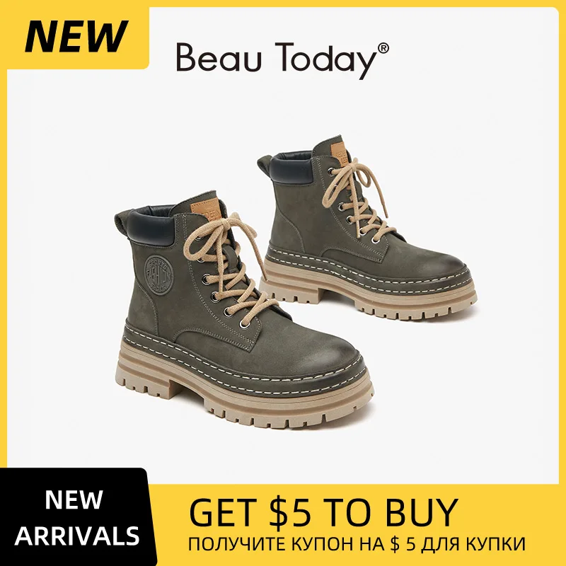 

BeauToday Casual Martin Boots Women Round Toe Square Heels Lace Up Chunky Sole Platform Autumn Female Shoes Handmade 04620