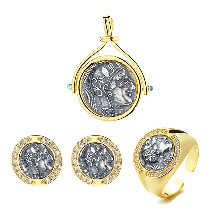 

YDN ZFSILVER 925 Silver Fashion Athena Retro Gold Ancient Coin Set Earring Ring Pendant Without Chain Women Wedding Jewelry Girl