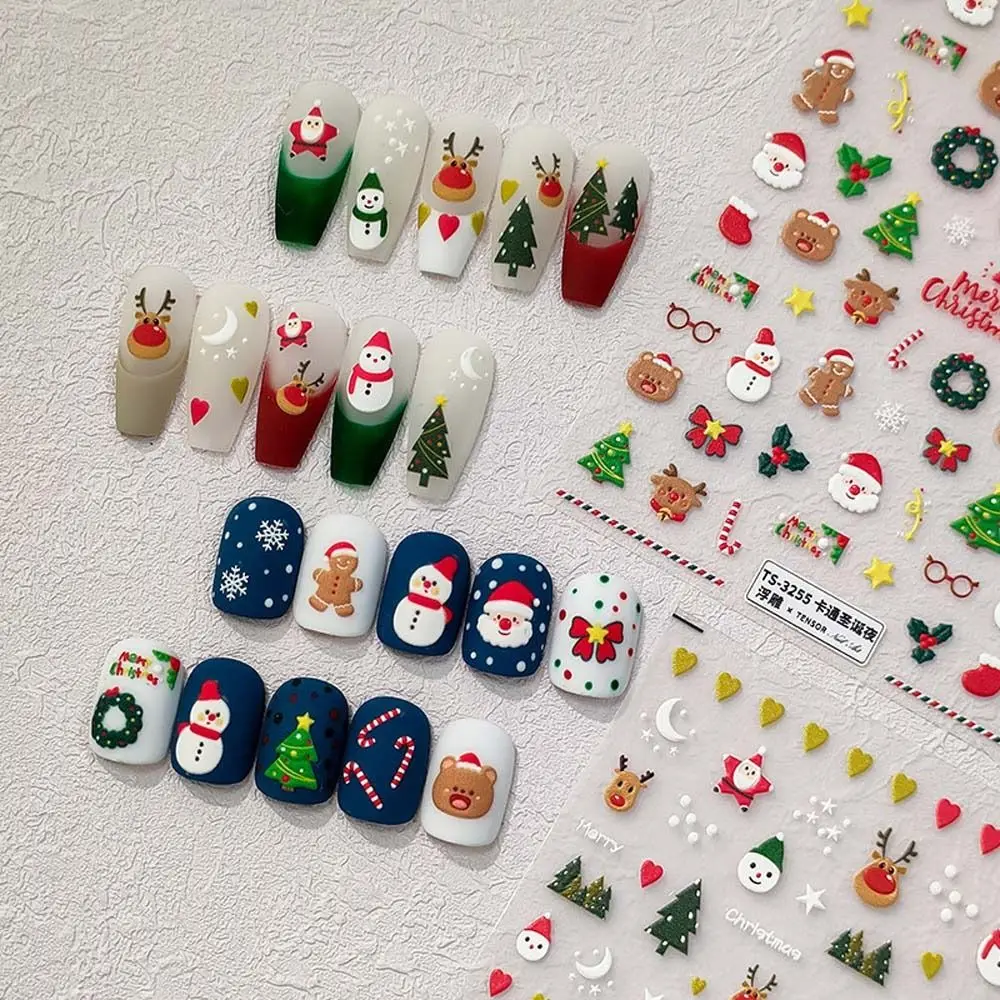 

Рождественские наклейки для ногтей 5D, рельефные наклейки для ногтей, милые самоклеящиеся слайдеры с изображением снеговика, лося, Санта-Клауса, снежинки, подвески для ногтей своими руками