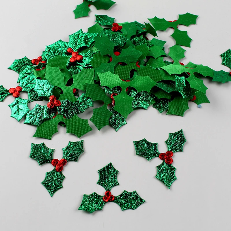 

100Pcs Glitter Green Holly Leaf Applique for Christmas Decoration, Table Decoration, Stick-on Accessories
