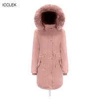 icclek womens cotton clothes fleece medium long large hooded cotton padded jacket winter warm plush coat cotton padded clothes