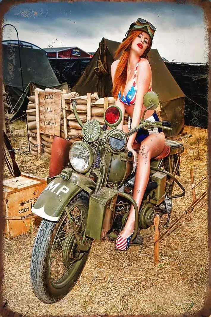 

Military Theme Metal Signs,Motorcycle Pinup Girl 8x12 Vintage Military Sign Metal Plaque Decor Sign Home Man Cave Decor