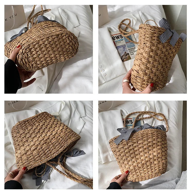 Women Popular Straw Shoulder Bags New Bow Handbag National Style Fashion Simple Bucket Women Bag