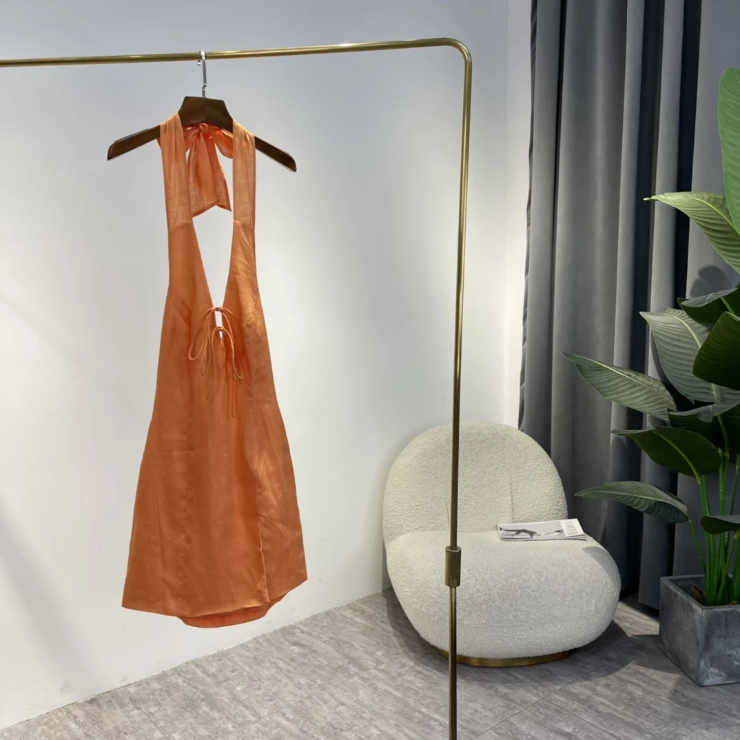

2022 Summer Ladies High Quality Beach Style Solid Orange Rose Red Backless Sleeveless Side Slit Halter Mini Slim Tank Dresses