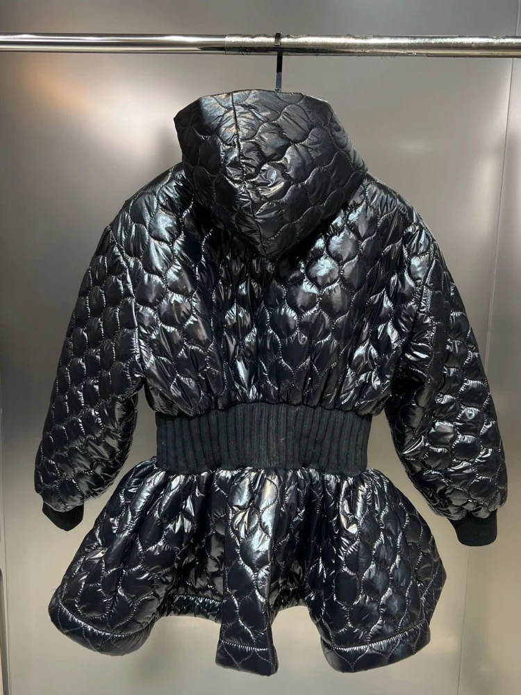 Hooded Long-Sleeved Winter Jacket for Women Streetwear Loose Woman Waist Hem Puffy Ins Catwalk Black Cotton Padded Coats Fashion