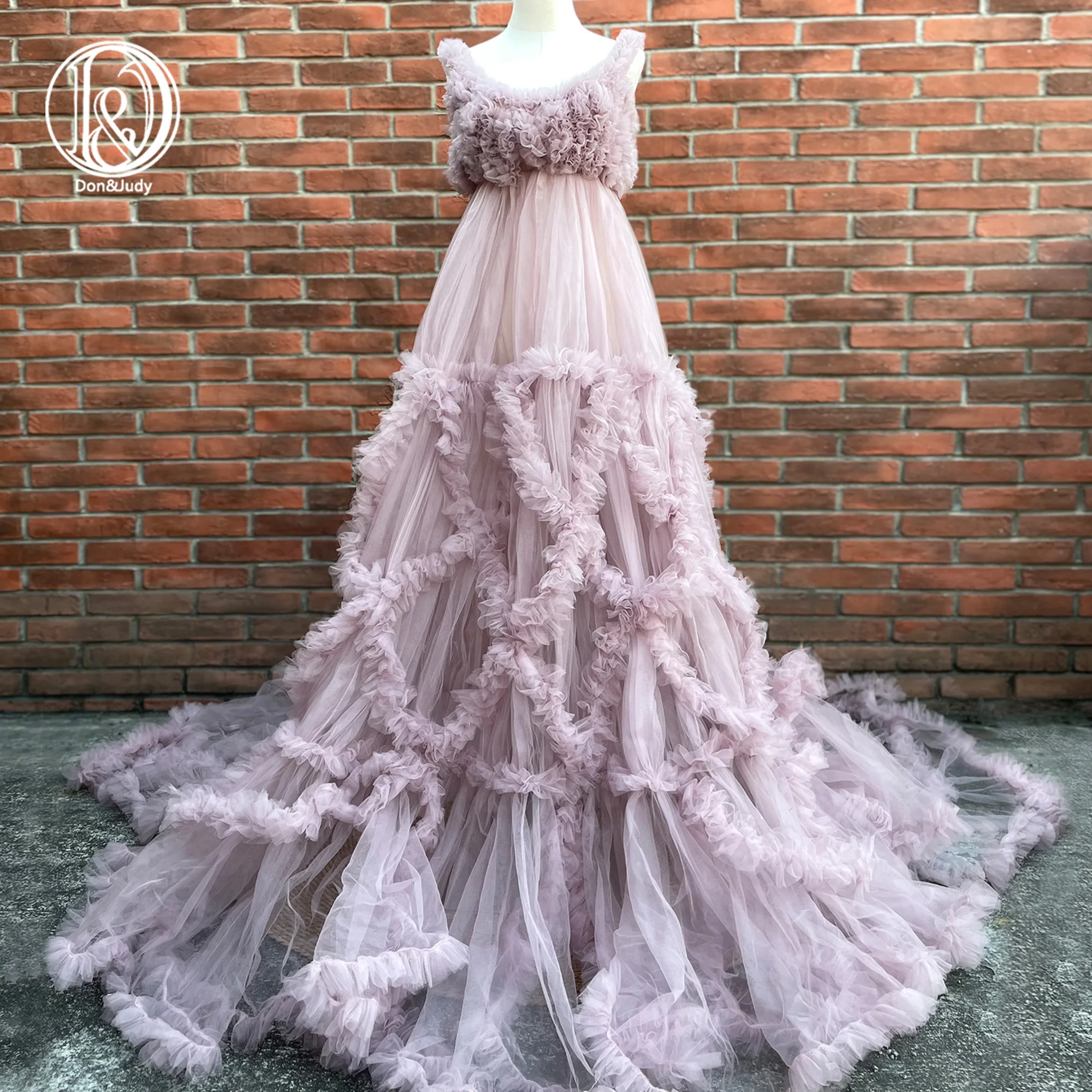 Don&Judy Luxury Pregnant Bridal Maternity Gown Fluffy Cloud Tulle Long Train Wedding Party Maxi Dress Light Purple 2022