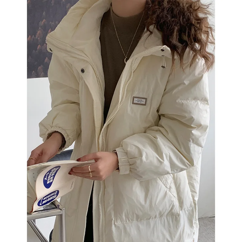 Winter Down Jacket Women's Medium Length Hooded with Cotton Clothing Solid Color Loose Thick Warm Windproof Fashion Down Coat