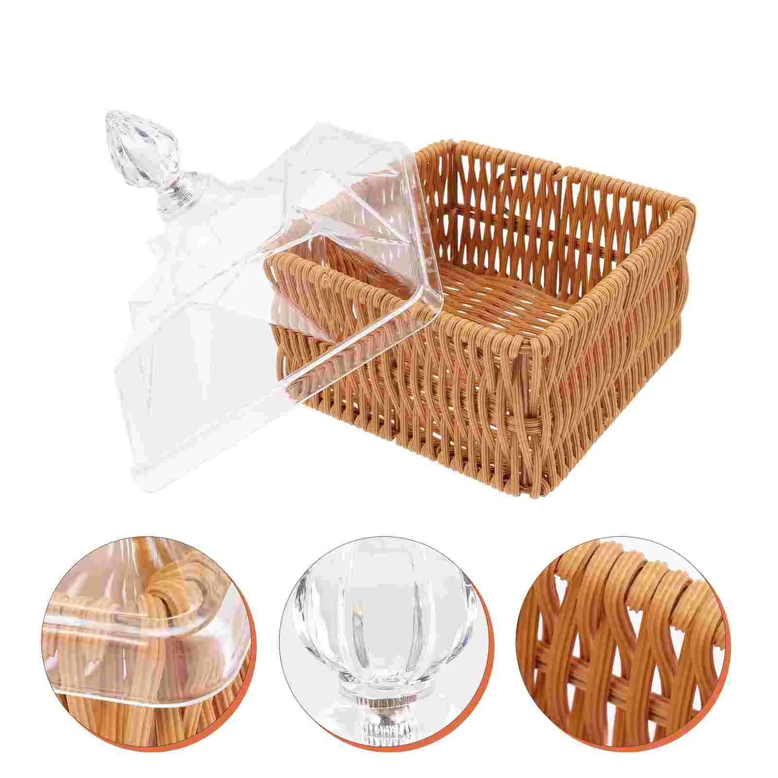 

Basket Bread Serving Tray Baskets Rattan Woven Wicker Lid Cake Snack Display Fruit Dome Plate Pastry Carrier Acrylic Loaf Box