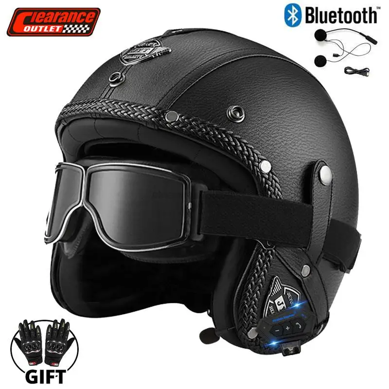 

Leather Fabrics Open Face Motorcycle Helmet Casco Moto Leather Vintage Helmets With Bluetooth Helmet Vintage Safety Capacetes
