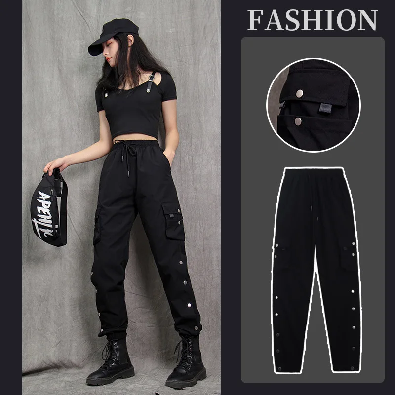 Брюки-карго Женские повседневные модные штаны на завязках однотонные черные
