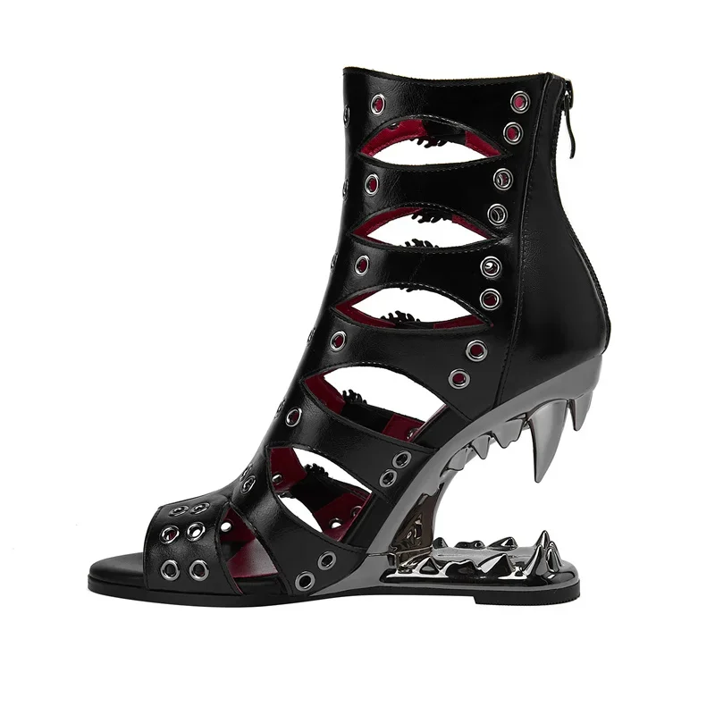 Летние короткие сапоги с открытым носком и заклепками 2024 металлическая пряжка 12