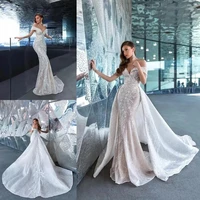 mermaid wedding dress v neck sleeveless appliques sequins sexy detachable train ruffles bridal gowns plus size robe de mari%c3%a9e
